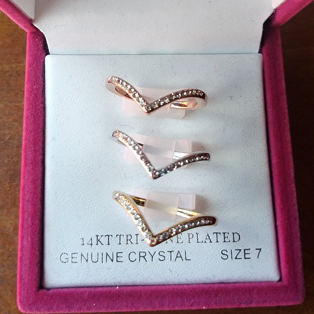 Lot of 3 14K Tri-Toned Plated & Genuine Crystal Stackable Rings Size 7